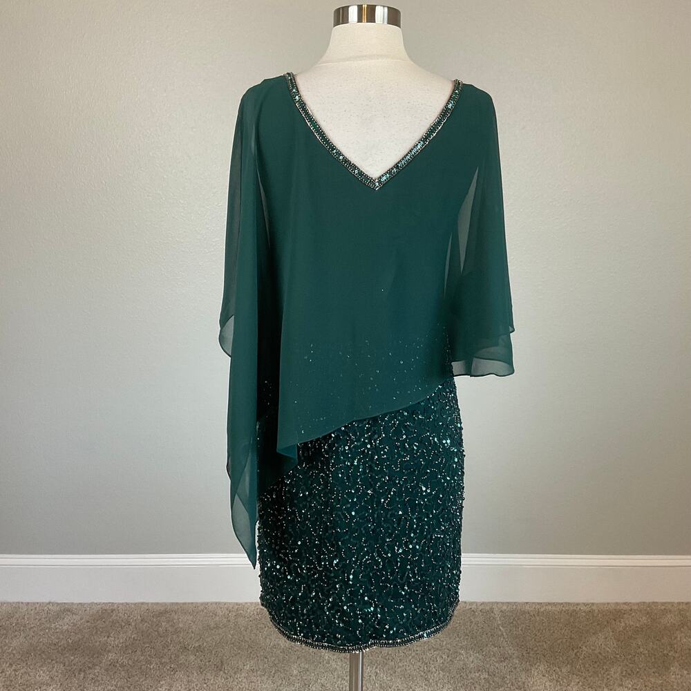 JKara Green Cocktail Dress Sequined Chiffon Caped V-Neck Mini Sheath Size 6 - Picture 7 of 12
